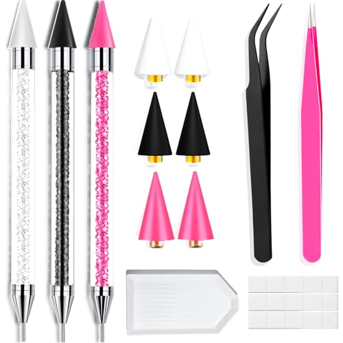 13 Pcs Rhinestone Picker Tool - 3 Pcs Dual-head Pens with 6 Wax Tips, 15 Pcs Clay, Precision Curved and Straight Tweezers Kit for Picking Up Nail Art Gems, Stones, Crystals, and Nail Charms