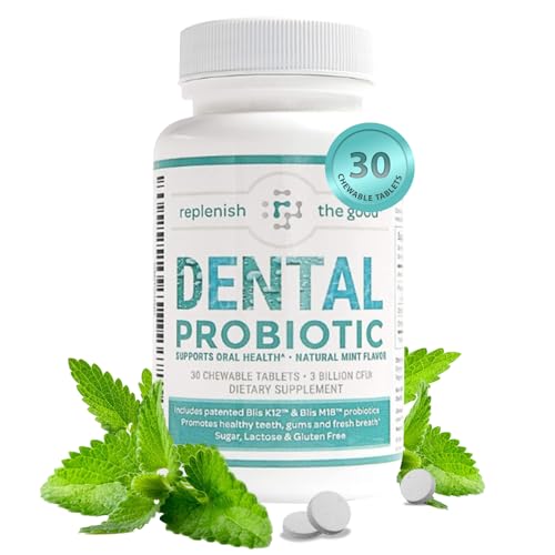 Dental Probiotic, 30 Sugar Free Chewable Tablets, Mint Flavor - Vegan Supplements w/BLIS K12 & M18 - Boosts Oral Health - Fights Bad Breath (Halitosis), Tooth Decay, Strep Throat