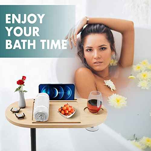 Bamboo Bathtub Tray Table with Sturdy Base & Thick Metal Bracket, Adjustable Height, Perfect Bathroom Tub Accessories, Bed Side Desk, Sofa End Table Gift for Women, Men