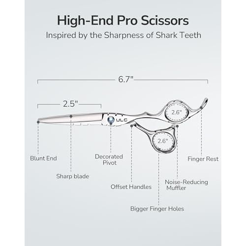ULG Hair Cutting Scissors 6.7¡± Shark Series, 100% Japanese Stainless Steel Ultra Sharp, Concave Blade Barber Shears, Ergonomic Offset Handle, Professional Salon Haircut Scissors for Home & Salon Use