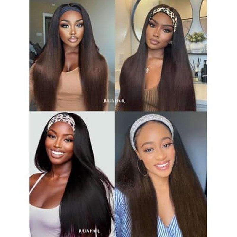 Julia Hair 12A Headband Wig Human Hair Yaki Straight Glueless None Lace Half Wig With Pre-attached Scarf Ombre Chestnut Brown Highlight With Dark Roots for Black Women Put on and Go 20 Inch