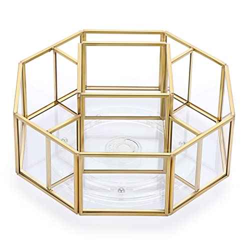 Hipiwe 360 Degree Rotating Glass Makeup Organizer- 5 Slots Gold Metal Cosmetic Storage Display Holder Octagon Dresser Bathroom Spinning Vanity Organizer For Makeup Brushes, Lipsticks, Perfume