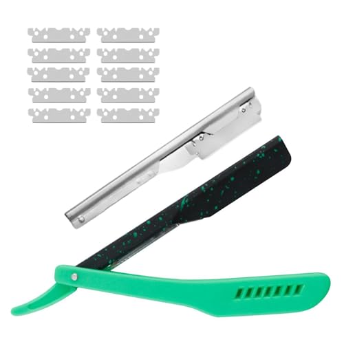 Slide Out Razor for Men, Professional Classic Barber Straight Edge Razor with 10 Single Edge Blades, Manual Shaver Salon Quality Razor for Close Shaving (Green)