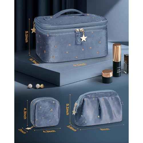 Wedama Makeup Bag Gift for Women, Double-layer Cosmetic Bag with Jewelry Storage and Brush Holder 3 Pcs Velvet Makeup Organizer Bag Gift Set Travel Toiletry Bag for Women Girls, Blue