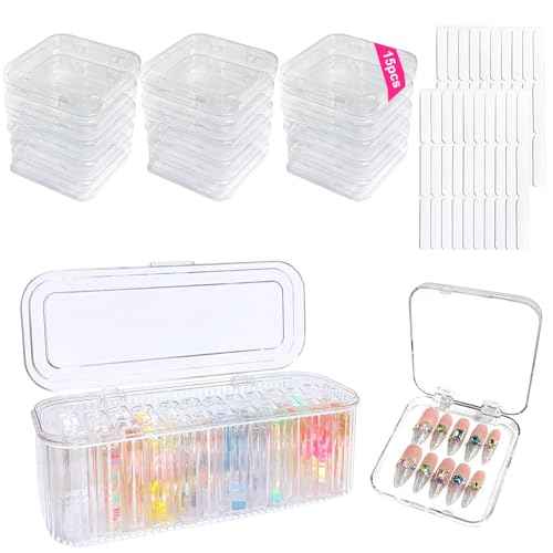 Press On Nail Organizer Box Kit,15 PCS Clear Press On Nail Storage Boxes and 1 Large Container Box,60pcs Adhesive Tape, Fake Nail Organizer Display Case Press On Nail Packaging for Home Nail Salon Use