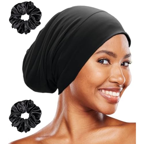 Sleep Cap Bonnet for Sleeping Black Women, Adjustable Cooling Ice Silk Lined Bonnet for Curly Braids Hair Cover Beanie Hat