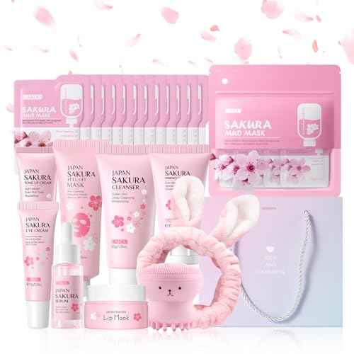 LAIKOU Sakura Skincare Set for Teen Girls, Complete 34PCS Face Care Kit, Christmas Pamper Gift Set for Women & Teenage Girls, Hydrating & Nourishing Travel-Friendly Daily Facial Skincare Routine