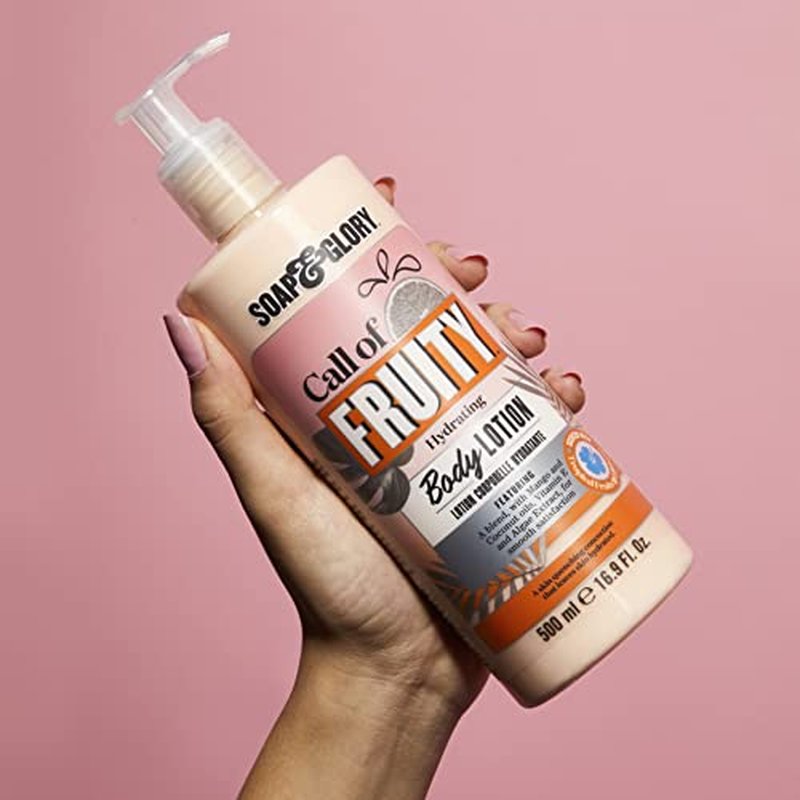 Soap & Glory Call of Fruity Vegan Body Lotion - Moisturizing Body Lotion with Vitamin E, Coconut Oil & Aloe Extracts - Tropical Fruits, Juicy Melon & Hibiscus Cocoa Butter for Dehydrated Skin (500ml)