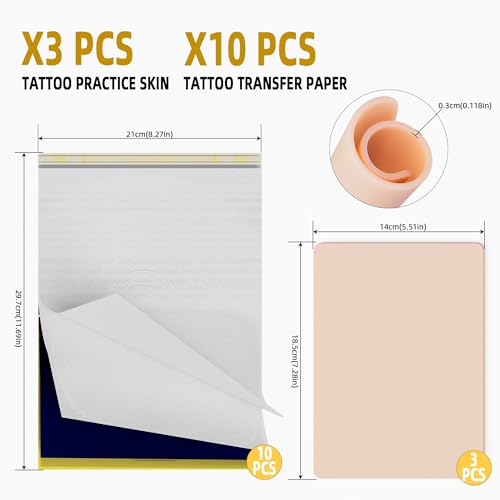 Blank Tattoo Practice Skin Kit - 13Pcs Set with 3 Double Sided 7.4x5.6¡± Fake Skins and 10 Stencil Transfer Papers for Tattooing, Microblading Practice - Ideal for Beginners and Pro Artists