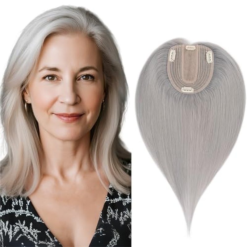 Human Hair Topper for Women with Thinning Hair, 4 Clips, Silk Base 3.94x4.72, No Front Bangs, 10 Inches Lengths, Grey Color, Achieve a Fuller, More Youthful Appearance