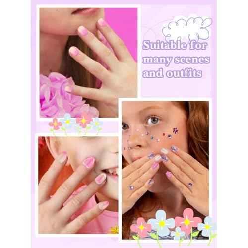 130PCS Kids Press on Nails, TOROKOM Fake Nails Set Short Square Glue on Nails for Girls Gift 8-12 Age, Heart Flower Butterfly Stick on Nails for Kids with Jelly Nail Adhesives & Glue