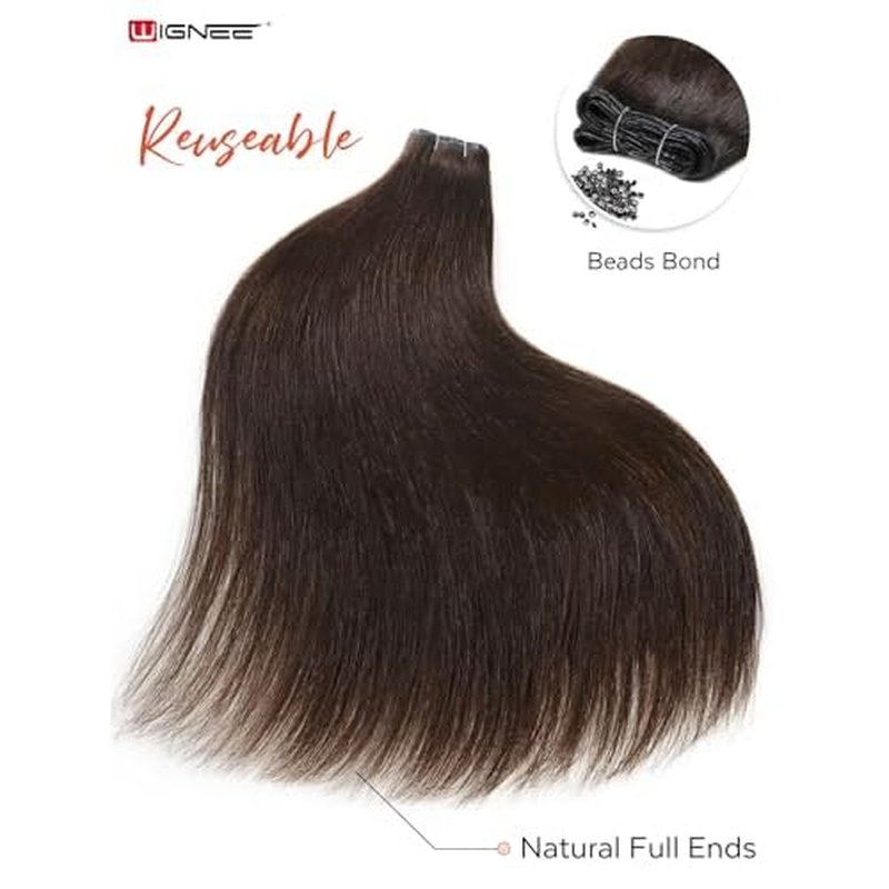 WIGNEE Double Invisible PU OVO Human Hair Extensions 100% Remy Hair Weft Brown Hair Extensions Human Hair 2 PCS 12 Inch No Glue Wefts Micro Bead Real Human Hair Extensions (2)