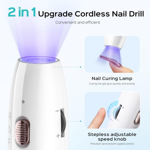 COSLUS Cordless Nail Drill Electric: 2-in-1 Nail File with Flash Cure for Acrylic Gel Dip Powder Nails, Stepless Control for Beginner Home DIY, Portable for Travel, Professional Pedicure Manicure Kit