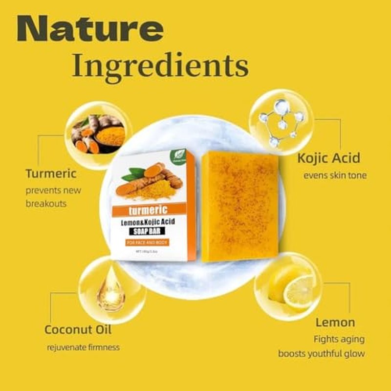 Kojic Acid & Turmeric Soap Bar for Dark Spot removal - Skin Lightening Soap with Vitamin C, Retinol, Shea Butter & Lemon Oil - for Face, Body, Underarms - SLS Free, for Oily & Dry Skin