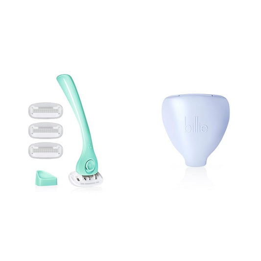 Billie Women's Shave Kit - Razor + 4 x 5-Blade Refills + Magnetic Holder + Travel Case - Minty & Cool Blue
