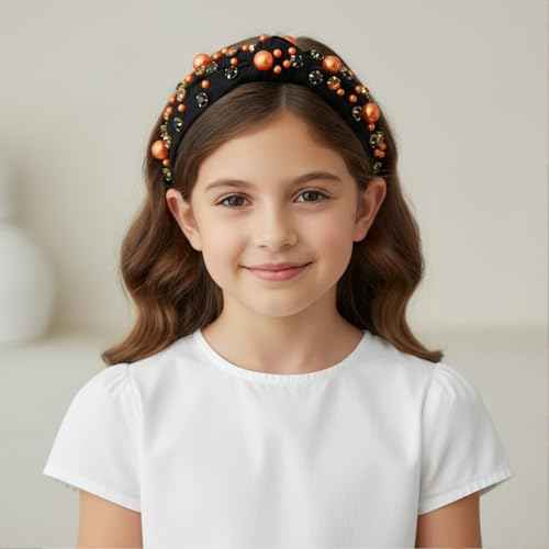 Halloween knotted Headband for Women Fashion Black Rhinestone Pearl Headband Hair Accessory, Costume Party Outfits Gifts