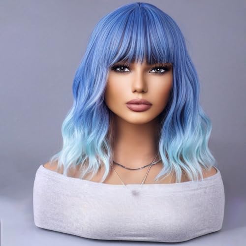 Ombre Blue Wigs for Women Short Curly Wavy Blue Wig for Girls Short Bob Wig With Bangs Heat Resistant Synthetic Wigs for Cosplay Costume Party (Blue Ombre Wig)