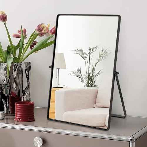 Desktop Makeup Mirror with Black Metal Standing 90¡Æ Rotation Vanity Table Mirror Portable Cosmetic Mirror for Dressing Room Bedroom Bathroom Rectangle