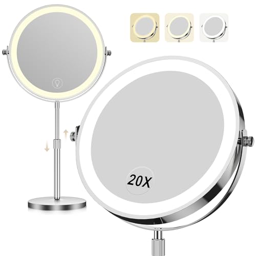 Makeup Mirror with Lights, 1x/20x 360¡Æ Rotation Vanity Mirror, Brightness Adjustable Lighted Makeup Mirror with Magnification, 5000 mAh Rechargeable Double Sided Mirror with 3 Colors, Gift for Women