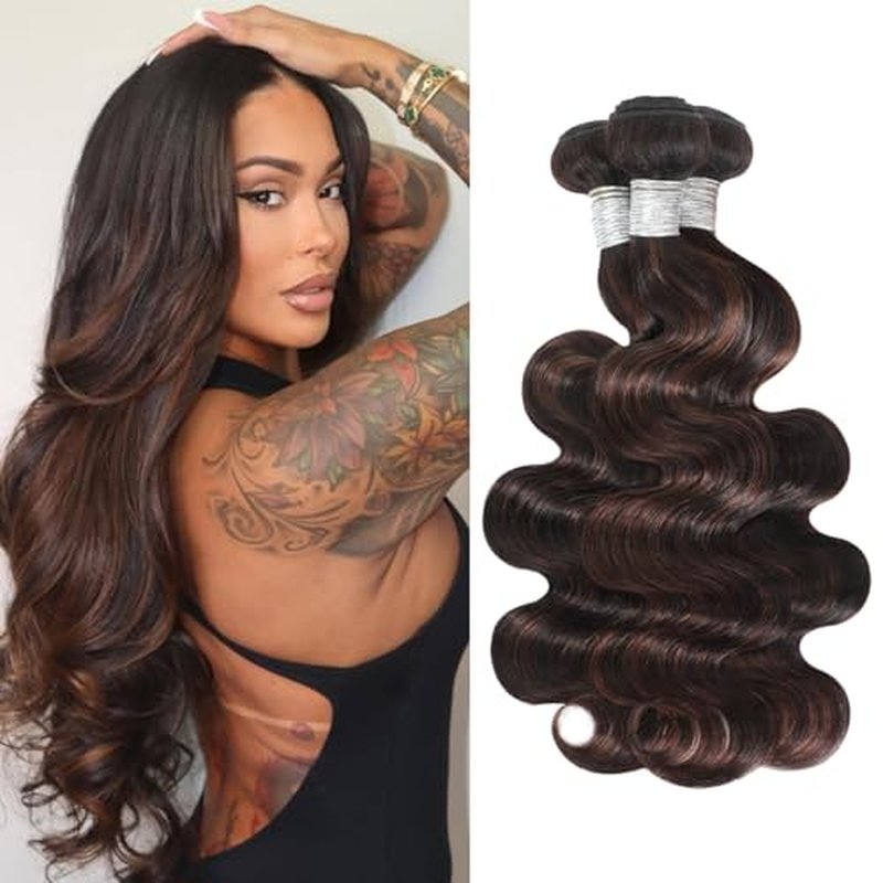 Brown Highlight Body Wave 3 Bundles Human Hair, 100% Virgin Real Hair Wavy 12A Weave #F2/4 2-Tone Dark Brown with Chestnut Streaks Ombre Human Hair Bundles 3pcs Thick Track Sew in 12 14 16 Inch