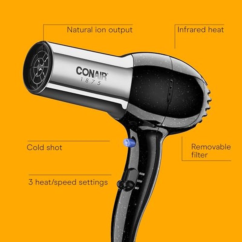 Conair Hair Dryer, 1875W Full-Size Hair Dryer with Ionic Conditioning, Blow Dryer, Tourmaline Ceramic Technology for Quick Drying, Black/Chrome