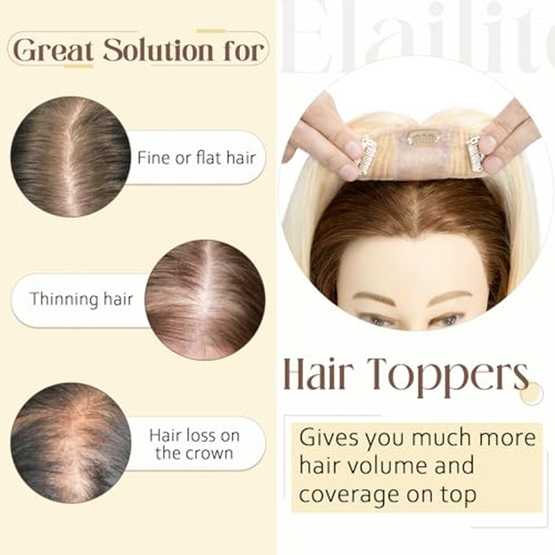 Elailite Hair Toppers for Women With Thinning Hair - Real Human Hair V3.0 Clip in Pieces 10 Inch Middle Parting for Loss Cover Gray Fine [Style-B] #60 Platinum Blonde