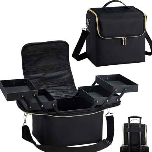 Large Travel Makeup Train Case, Big Makeup Bag Organizer Makeup Box,4 Tier Professional Cosmetic Storage Cases for Nail Tech Tattoo Storage Bag for Equipment and Supplies with luggage Sleeve