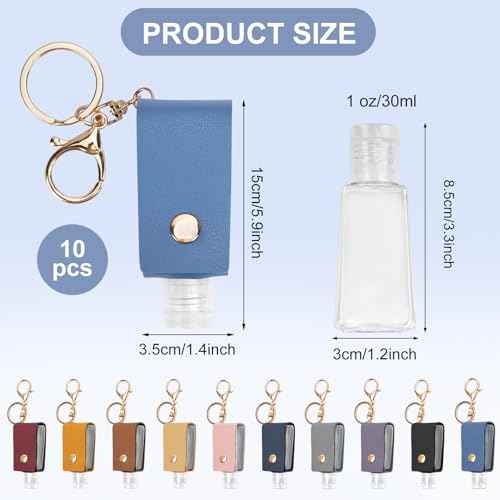 10PCS Hand Sanitizer Holders, 30ML Leather Keychain Holder Bottles Cases, Travel Size Empty Squeeze Bottle for Toiletry Shampoo Lotion Soap
