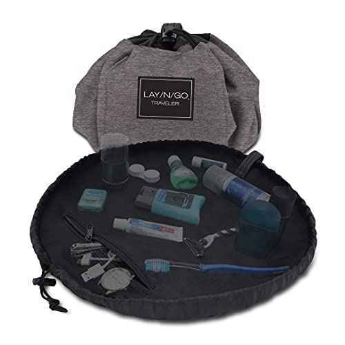 Lay-n-Go Drawstring Toiletry Bag - Water-Resistant 4-In-1 Lay Flat Toiletry Bag - Durable, Easy-To-Clean Travel - For Men & Women - Machine Washable & Compact (20", Grey)