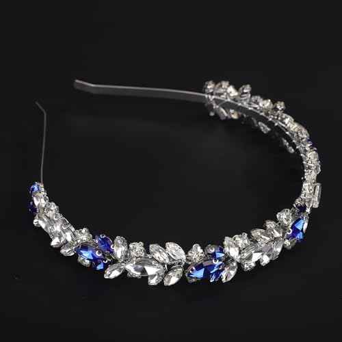 Blue and Silver Rhinestone Headband Crystal Rhinestone Hairband Silver Wedding Hair Accessories Teardrop Rhinestone Wedding Headband for Women