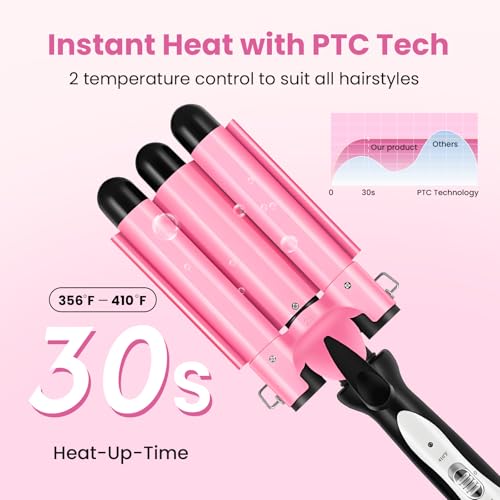 3 Barrel Curling Iron - 1" Professional Ceramic Hair Crimper with Dual Voltage & 2 Temperature Settings | 25mm Triple Barrel Waves Wand for Fast Heating Styling | Pink