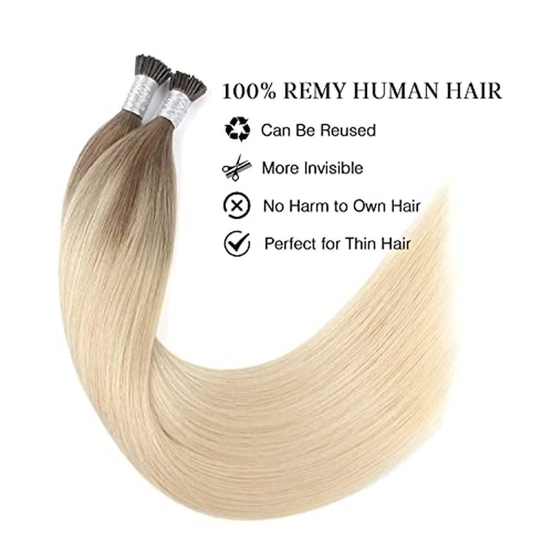 ABH AmazingBeauty Hair I Tip Hair Extensions Human Remy Hair 24 Inch I tip Ombre Ash Brown to Blonde Remy Pre Bonded Fusion Human Hair Extensions Balayage Invisible Straight 50strands 50 Grams