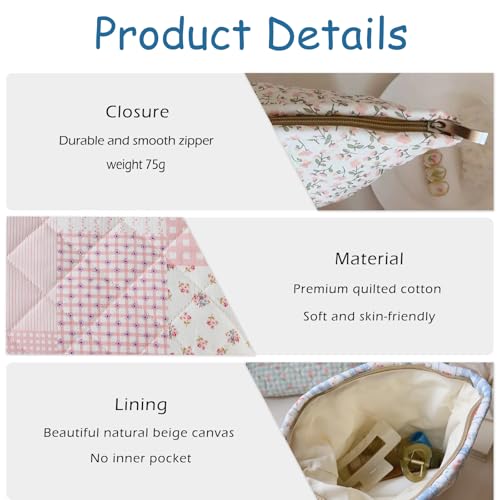 Quilted Cotton Makeup Bag,Coquette Floral Quilted Cosmetic Bag, Travel Toiletry Makeup Bag for Women and Girls, Aesthetic Travel Organized Cosmetic Pouch(09 Patchwork Pink)