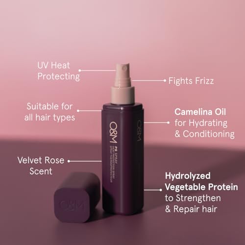 O&M PS Hair Spray Heat Protectant, Curly Hair Products, Hydrates & Strengthens, UV Protection Hairspray, Fights Frizz, Locks in Moisture, Vegan, Non-Toxic, Shine Enhancer Spray, 150ml