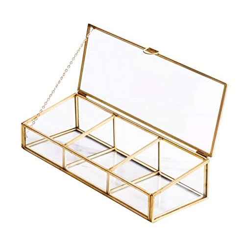 Golden Vintage Glass Lidded Box Clear Glass & Brass Metal Storage Jewelry and Cosmetic Makeup Organizer with Lid Beauty Display, Rectangle with 3 Compartment