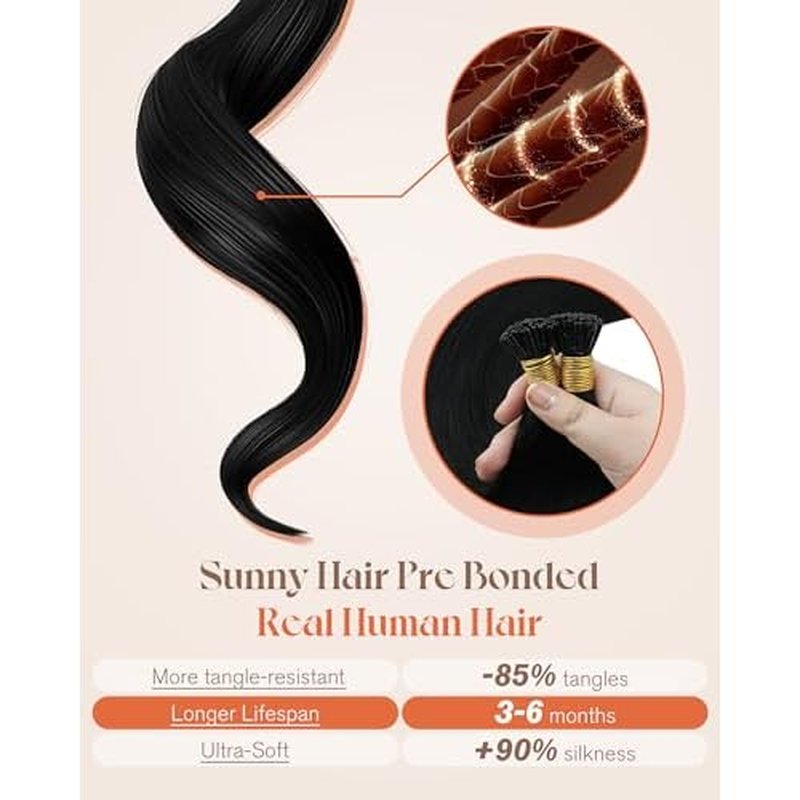 Sunny Hair I Tip Hair Extensions Human Hair 28inch Itip Human Extensions Jet Black Fusion Hair Extensions Heat-Stylable Itip Extensions Invisible Stick Tips Hair Extensions Natural 50g