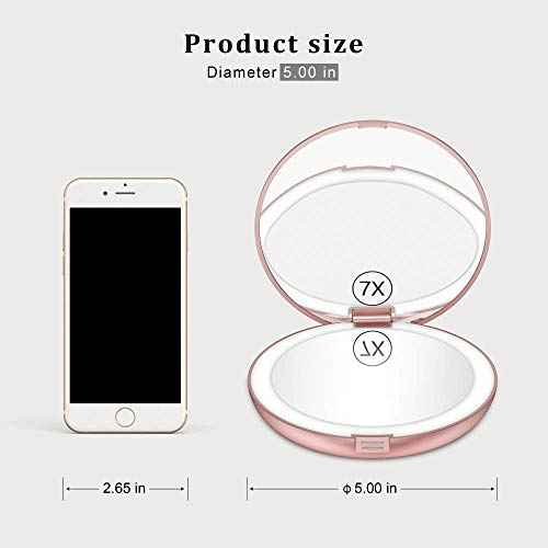Benbilry LED Lighted Compact Travel Makeup Mirror with Lights, 1x/7x Magnification, 5 Inch Dual Sided Portable Illuminated ? Perfect for Handbag