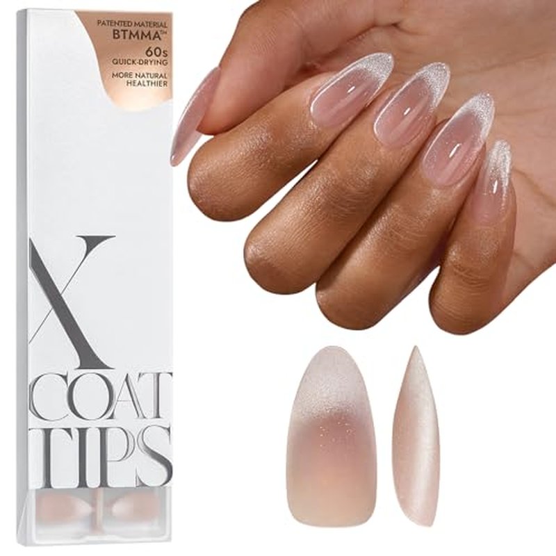 BTArtboxnails X-coat Tips Cat Eye Nails - French Tip Press On Nails, Medium Almond Soft Gel Nail Tips, Soak Off Acrylic Fake Nail Extensions