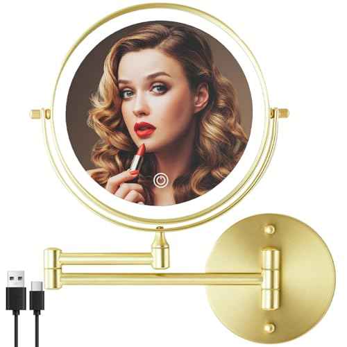 Rechargeable Wall Mounted Lighted Makeup Vanity Mirror 8 Inch Double Sided 1X 10X Magnifying Bathroom Mirror, 3 Color Lighting, Touch Screen Dimming, 360 Rotation Shaving Mirror Gold