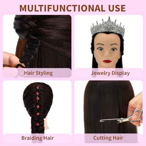 28" Cosmetology Mannequin Head With Hair£¬Doll Head For Hair Styling£¬Training Head For Braiding Cutting & Styling Practice £¬Includes Free Wig Stand & Hair Tools Set (Drak brown)