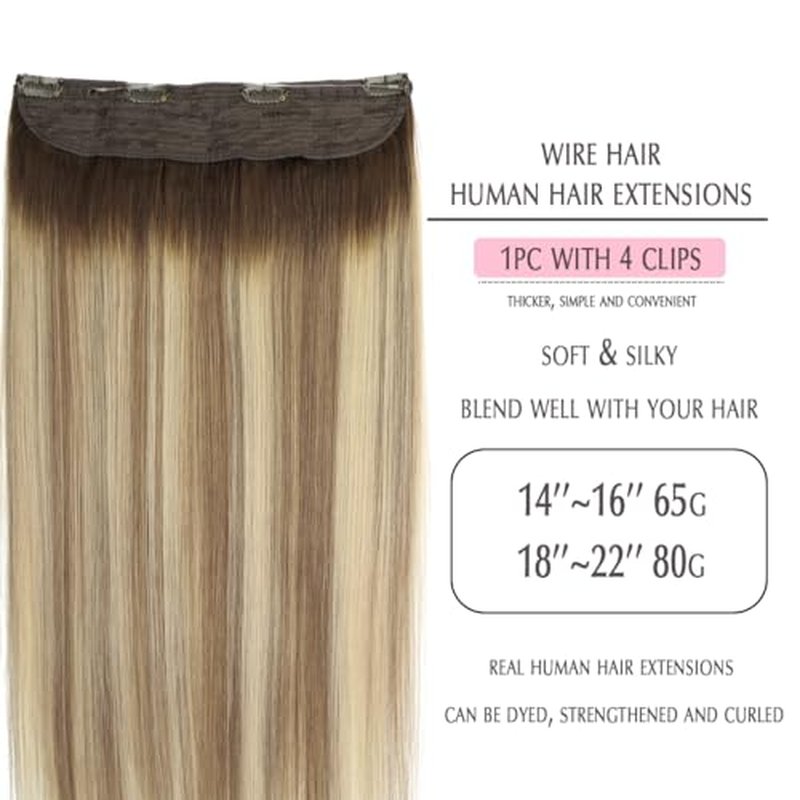 SURNEL Wire Hair Extensions 20 inch Balayage Walnut Brown to Ash Brown and Golden Blonde Invisible Wire Human Hair Extensions 80g(20,3/8/22)