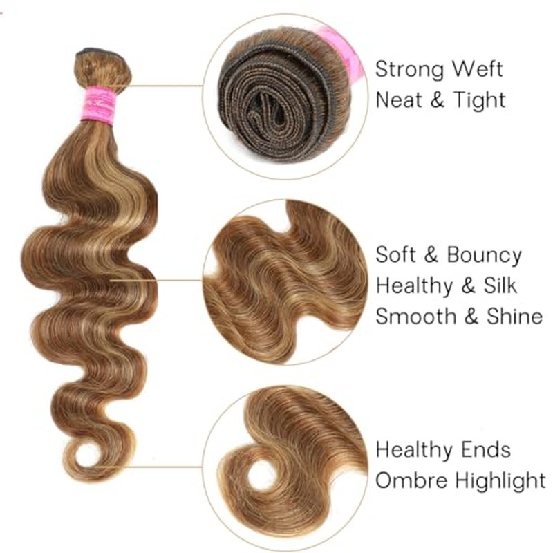 Body Wave Bundles Human Hair 4 Bundles Wavy Human Hair Bundles 14 16 18 20 Inch 100% Unprocessed Virgin Brazilian Hair Bundles Highlight Hair Weave For Women