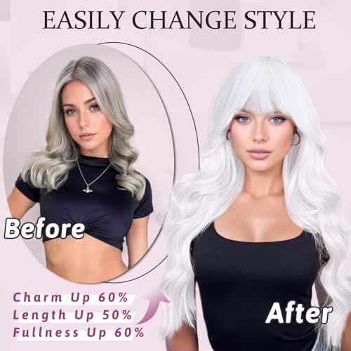 NAYOO White Wigs with Bangs - Long Curly Wavy Synthetic Fiber Wigs - Heat Resistant - 26 Inches