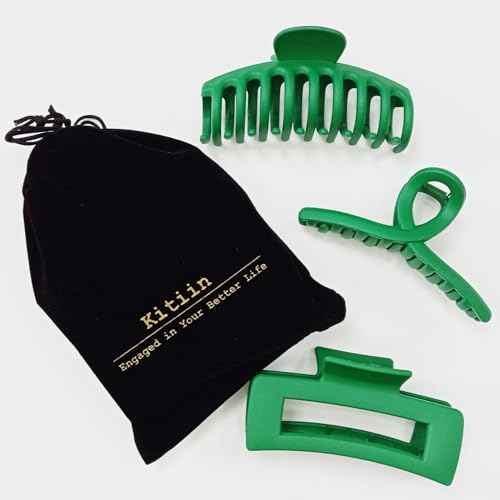 Solid Green Large Hair Claw Clips for Thick/Fine/Thin Hair,Strong holding teeth interlocking Women Jaw Clips for Hair 3 Count In set green hair clips for patrick's day (Green)