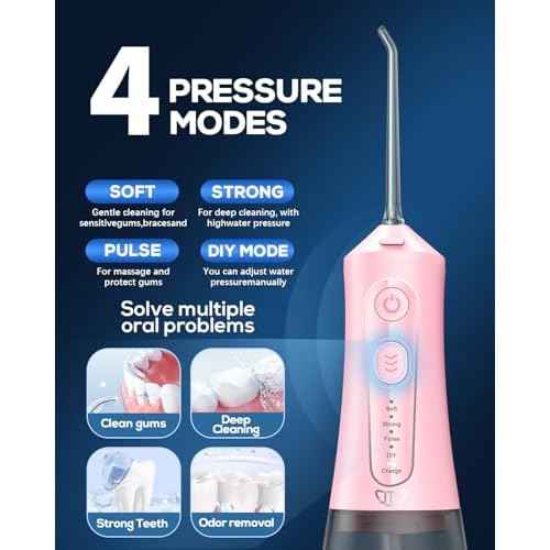 JTF Water Dental Flosser Picks for Teeth - 4 Modes Cordless Oral Irrigator, 300ML Portable Water Flosser & Rechargeable IPX7 Waterproof Water Teeth Cleaner for Home Travel with 9 Jet Tips (Pink)
