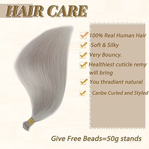 I Tip Hair Extensions Platinum Sliver Human Hair I Tip 100% Real Human Hair Extensions Sliver Silky Straight Extensions I Tips Human Hair Extensions for Women Invisible Cold Fusion Hair