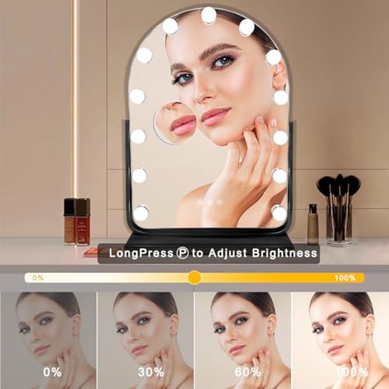 Hollywood-Style Vanity Mirror Makeup Mirrors with Lights, 13" x 17.3", 13 Dimmable Bulbs, 3 Color Modes, 360¡Æ Rotation, Touch Control & Memory Function, 10X Magnifier (Painted Black)
