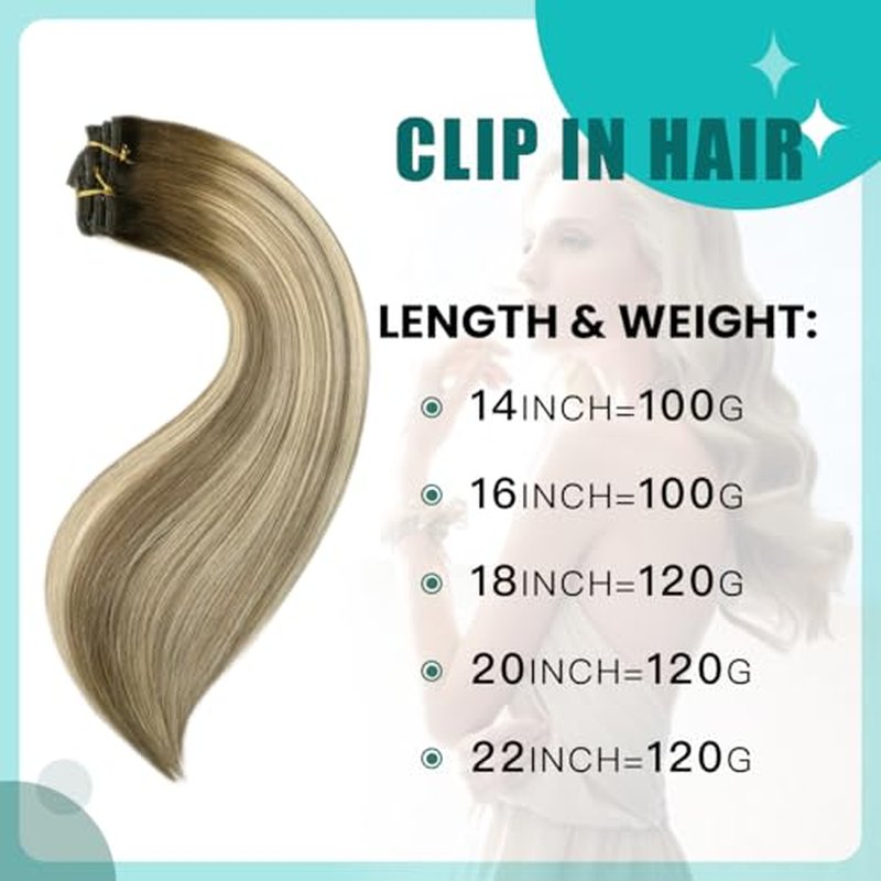 SURNEL Human Hair Clip in Extensions 18inch Clip in Hair Extensions Balayage Walnut Brown to Ash Brown and Golden Blonde Hair Extensions Clip ins 6pcs 120g(#3/8/22,18")