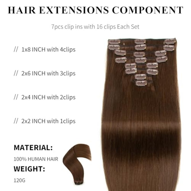 Clip in Hair Extensions Human Hair 100% Brazilian Virgin Human Hair 7pcs Per Set with 16Clips Double Weft (22 Inch 120g, #4 Chotolate Brown)