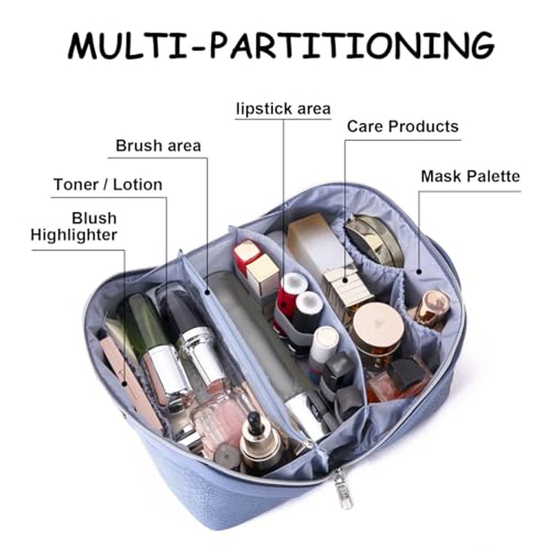 BOYATU Travel Makeup Bags for Women: 3 Pcs Set Wide Open Cosmetic Bag - Portable Make up Bags with Handle - Vegan Leather Toiletry Organizer Bag with Divider (G-05-Blue)